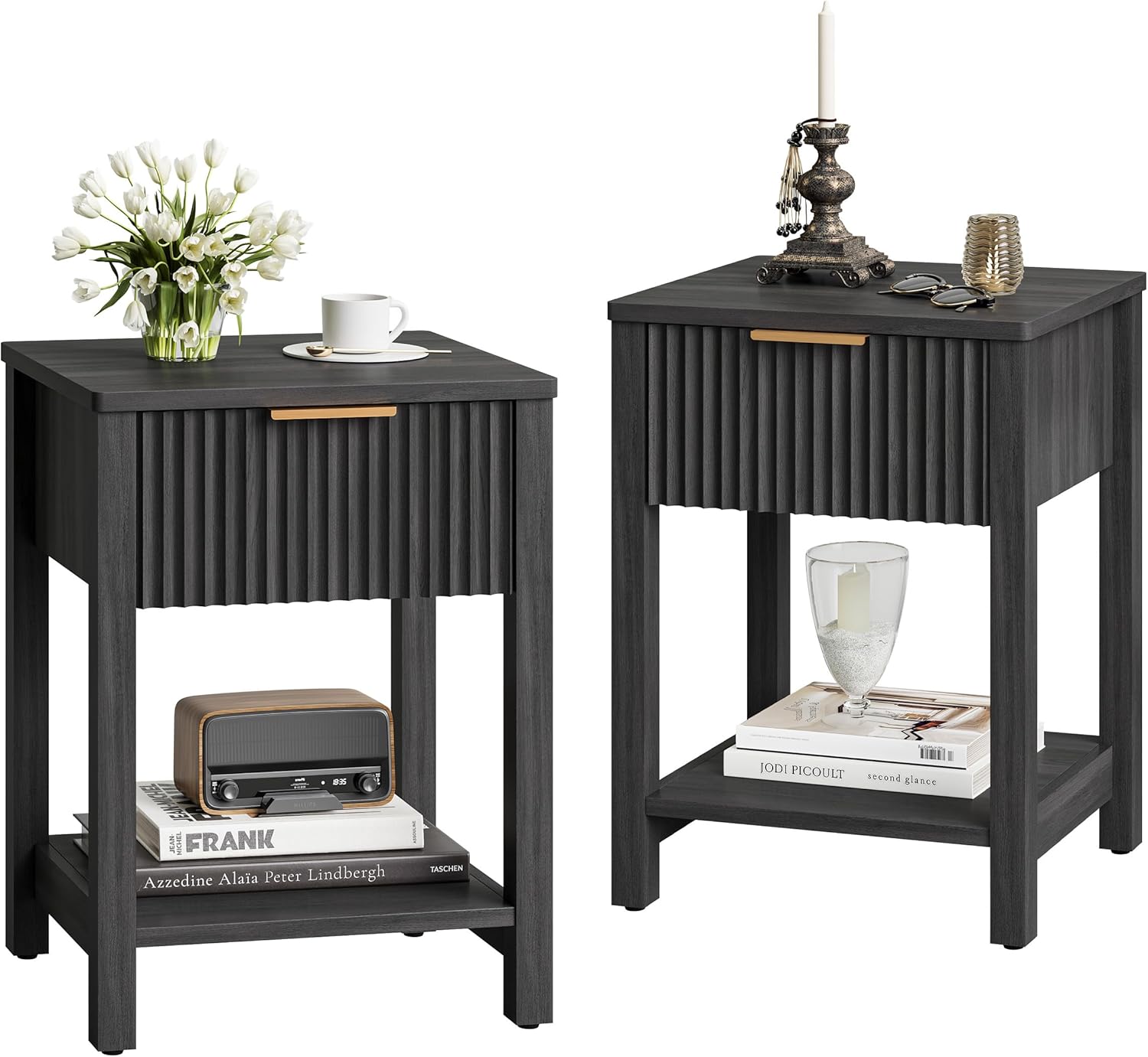 Fluted Nightstands Set of 2, Farmhouse Wood End Table with Drawer, Modern Beside Table with Open Storage Shelf, Small Side Table Organizer for Couch Bedroom Living Room(2, Grey) BNS102BG-2
