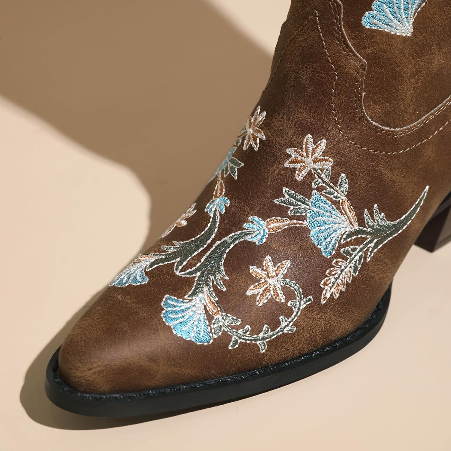 Cowboy Boots for Women Western Cowgirl Boots Mid Calf Boots Snip Toe With Chunky Heel