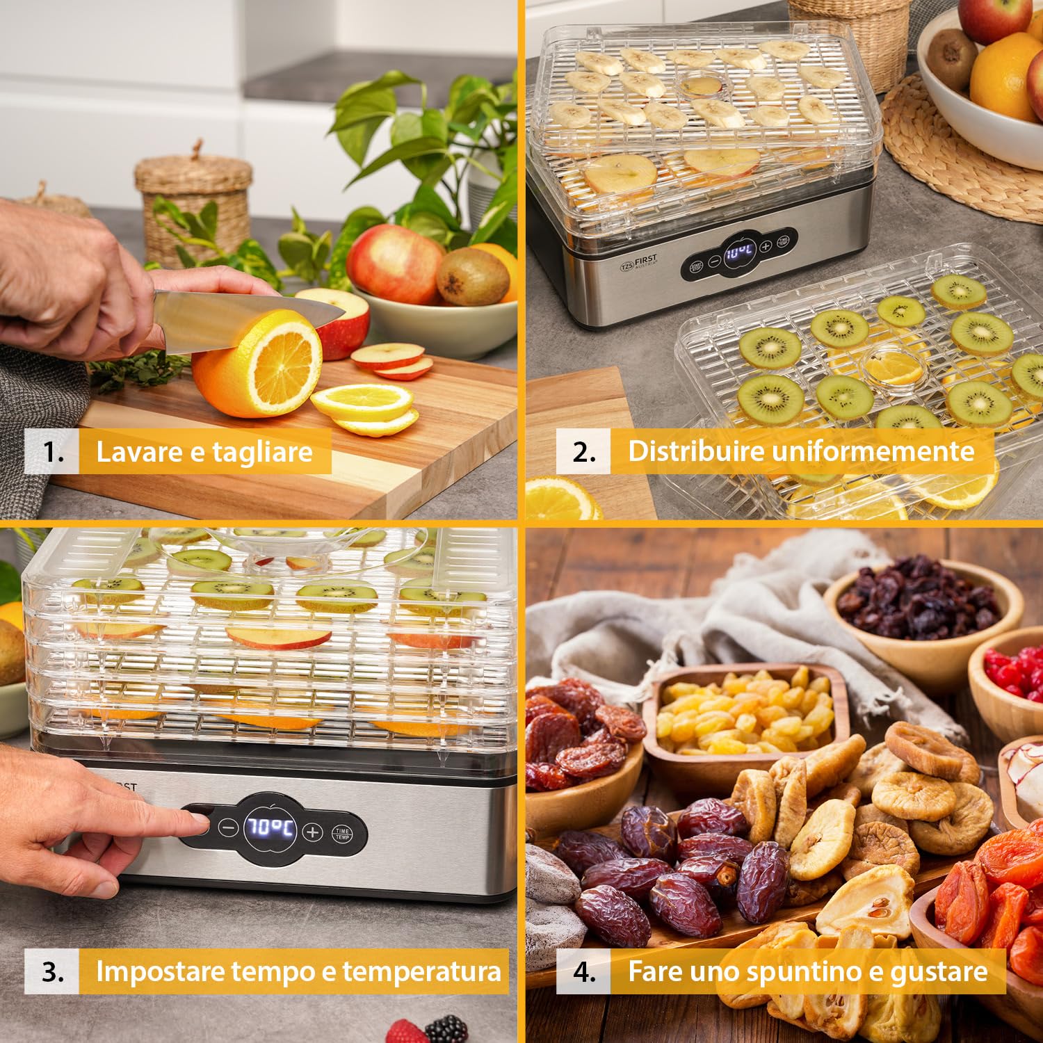 TZS First Austria essiccatore digitale per frutta, erbe, funghi, carne, 5 ripiani, BPA free, timer e regolazione temperatura 35-70°C
