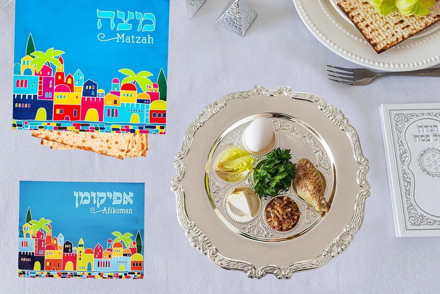 Passover Jerusalem Matzah Cover Design for Passover in Hebrew and English, Blue Satin