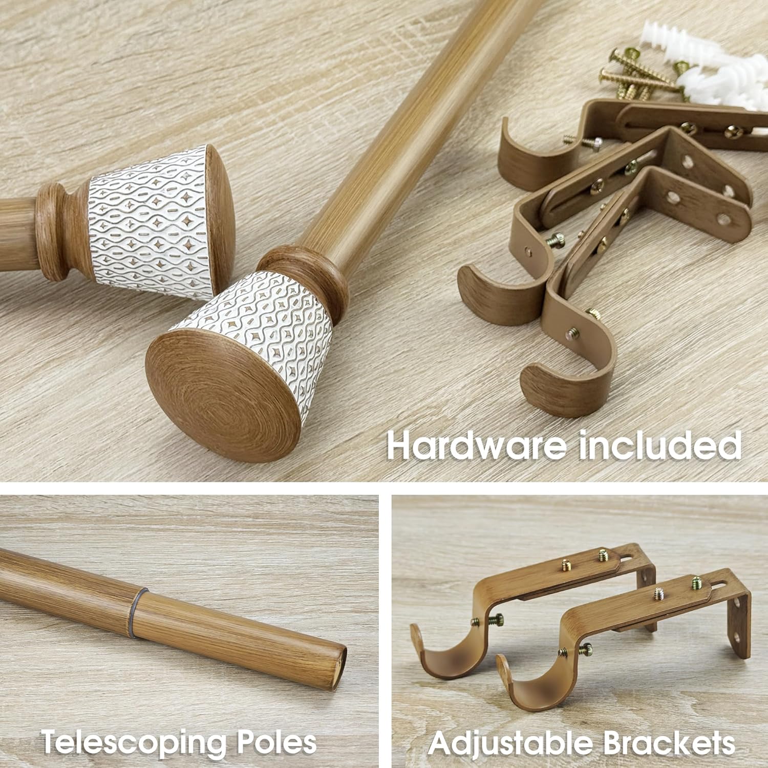 1-1/8 Inch Diameter Faux Wood Curtain Rods with Carved Lattice Finials, 36-72'' Telescoping Single Curtain Rods for window width 24-68 inch, 1 pack