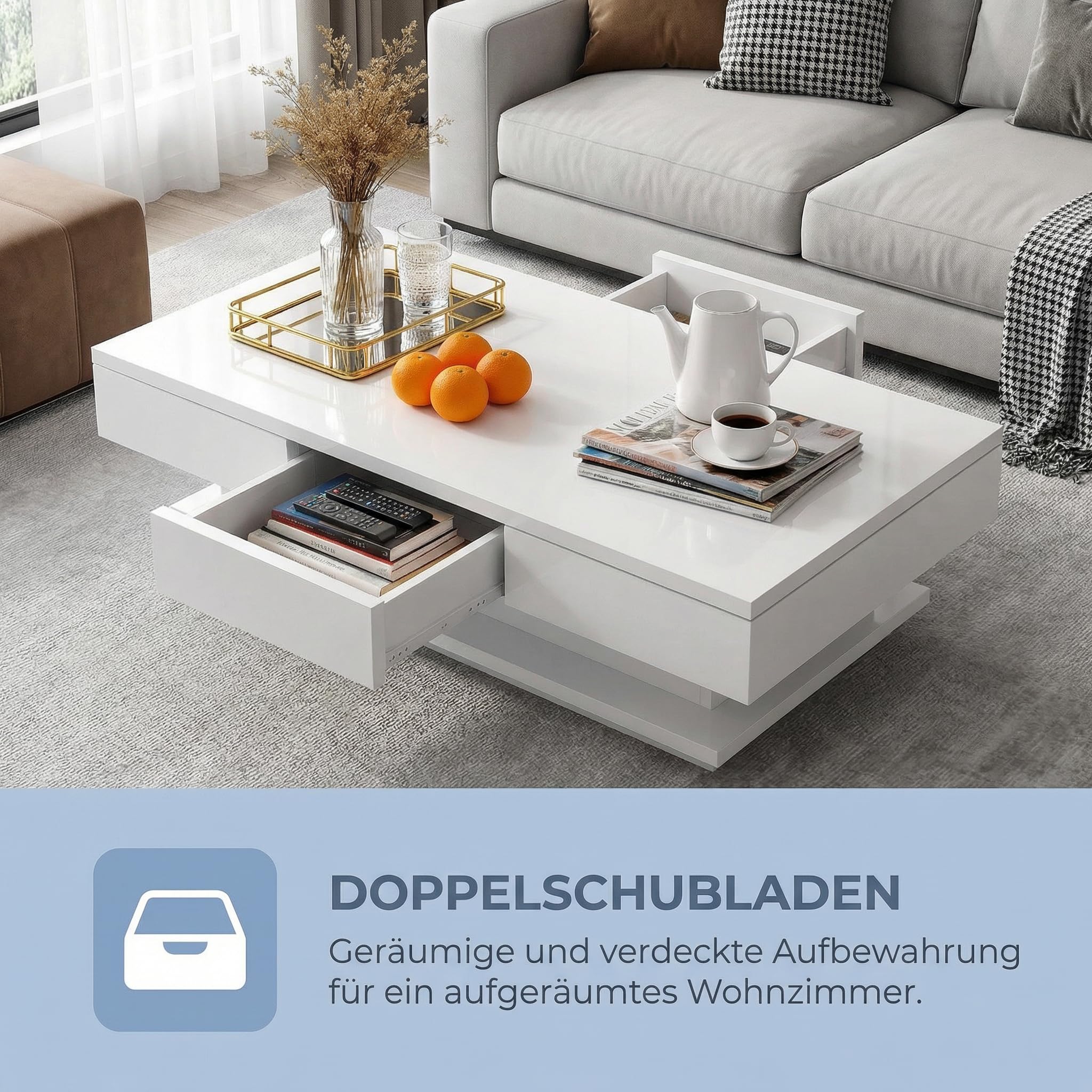 Couchtisch, Modern Sofatisch Wohnzimmertisch mit 2 Schublade, Wohnzimmertisch Hochglanz Modern, Beistelltisch Weiss mit Offenem Ausstellungsregal Weiß, 100 * 60 * 35cm(LED Nicht enthalten)