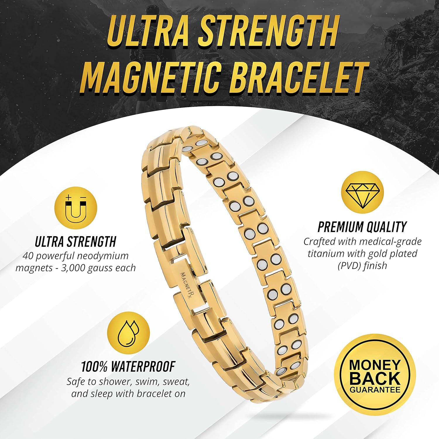 MagnetRX® Women's Ultra Strength Magnetic Bracelet - Titanium Magnetic Bracelets for Women - Adjustable Length with Sizing Tool (Gold) - Image 3