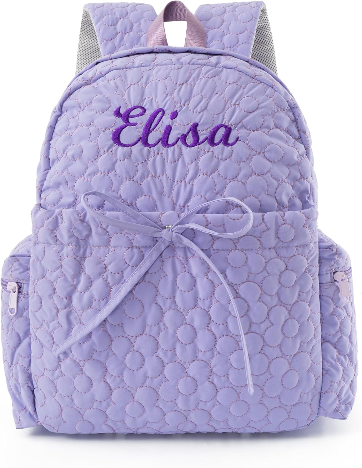 Daycare Backpack Personalized Large 15inch Backpack with Embroidered Name Purple Quilted Backpacks with Bow Custom Daycare Diaper Bag for Age 2-6 Travel Overnight Birthday Gifts