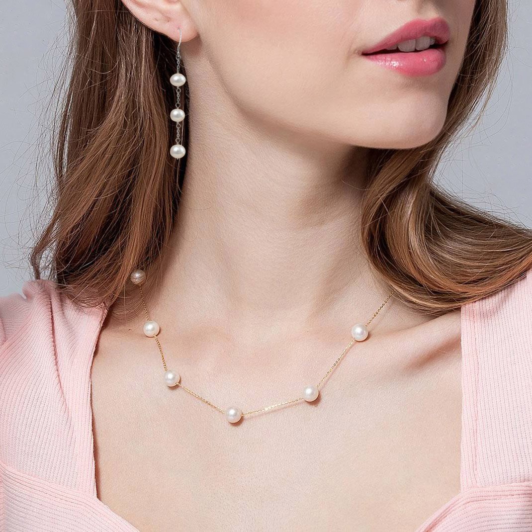 JFUME Damen Perlen Kette 925 Sterlingsilber-Kette 7-8mm Off runden Kultivierte Süßwasserperlen Halsketten Schmucksachen 18"