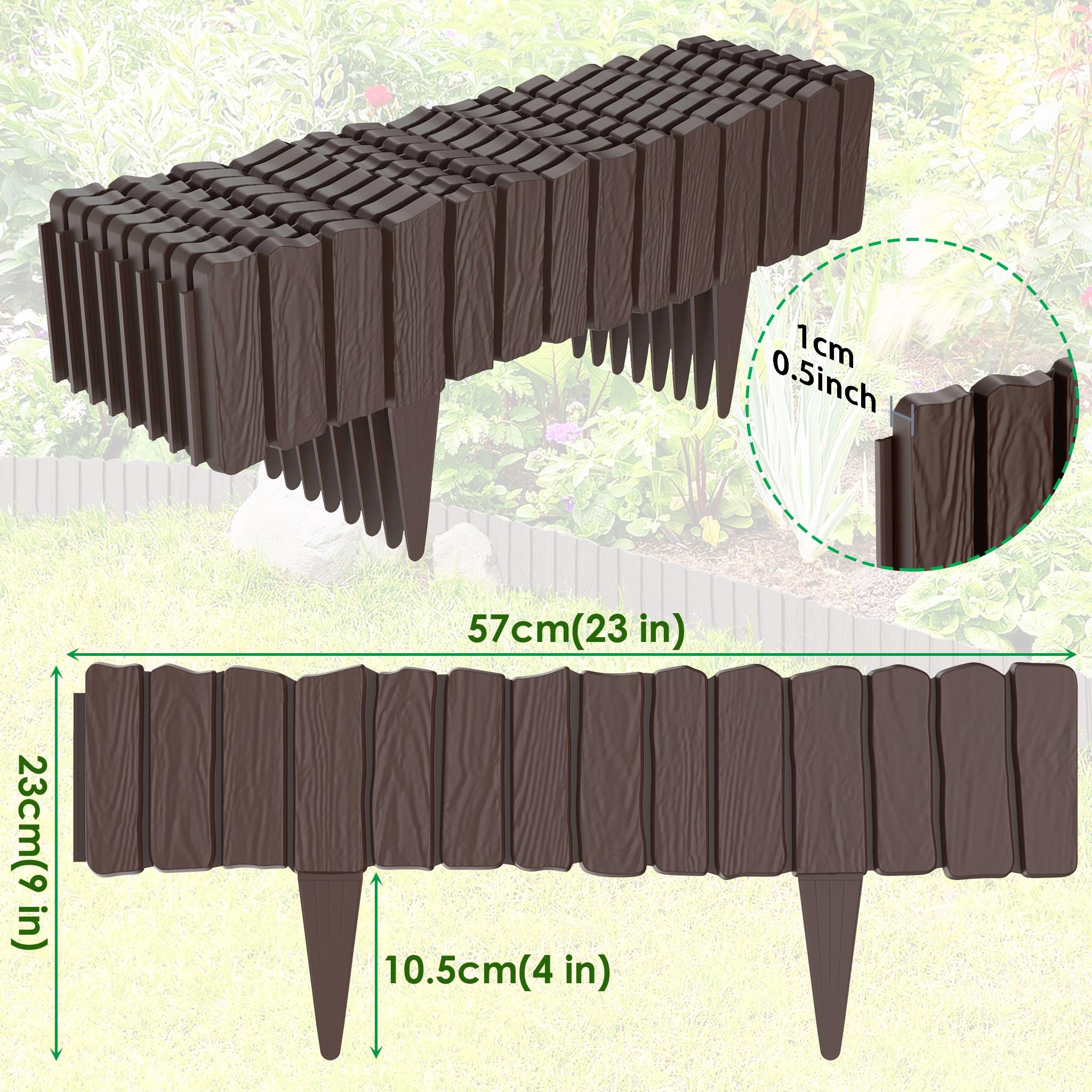 Lot de 12 bordure per prati in plastica - 57 x 23 cm - Bordura per aiuole da giardino con picco da 10,5 cm - Aspetto legno - Protezione contro le radici - Nastro per bordura del prato in