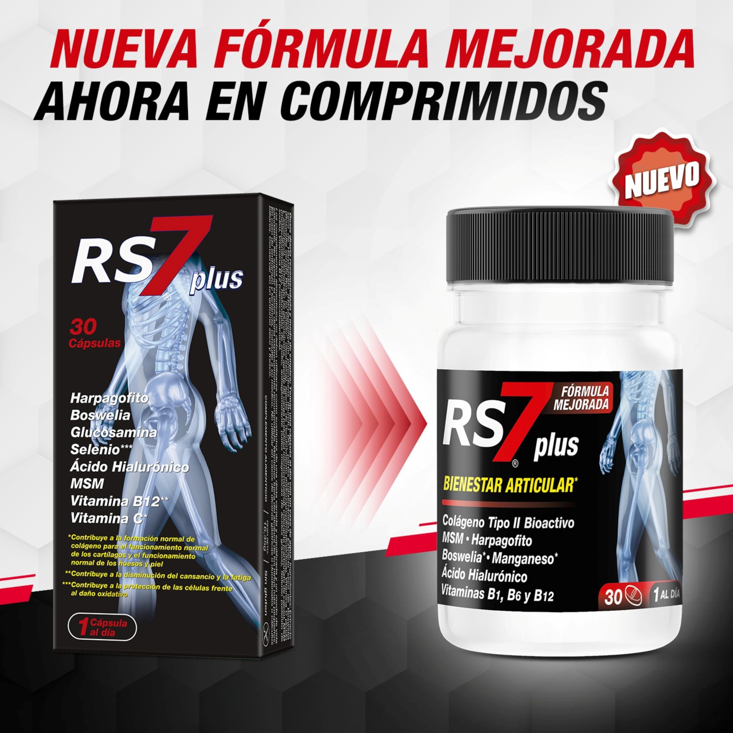 RS7 Articulaciones Plus | 90 Comprimidos | Colágeno tipo II, MSM, Boswellia, Harpagofito, Ácido Hialurónico, Manganeso y Vitaminas B1, B6 y B12