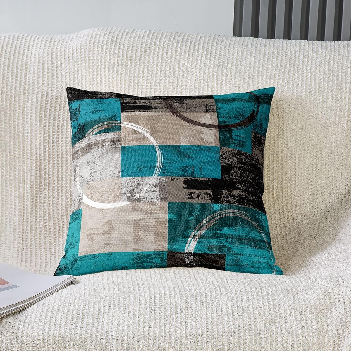 Pack of 4 Turquoise Ombre Art Throw Pillow Covers Modern Retro Circular Circle Pillow Covers,Abstract Round Oil Painting Graffiti Cushion Covers 16x16,Grunge Stripe Farmhouse,Blue Grey Black