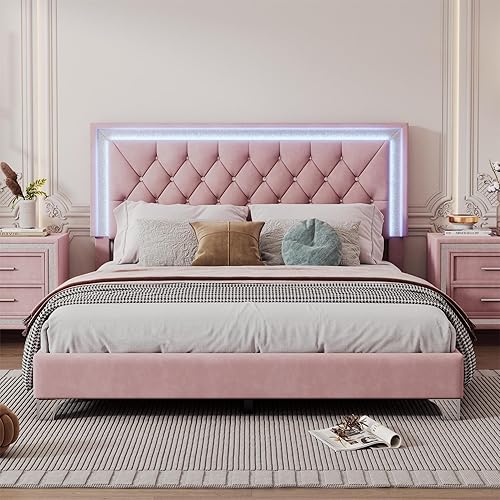 Harper & Bright Designs Base de cama de terciopelo tamaño Queen con cabecera capitonada de cristal, cama de plataforma de madera tamaño Queen con