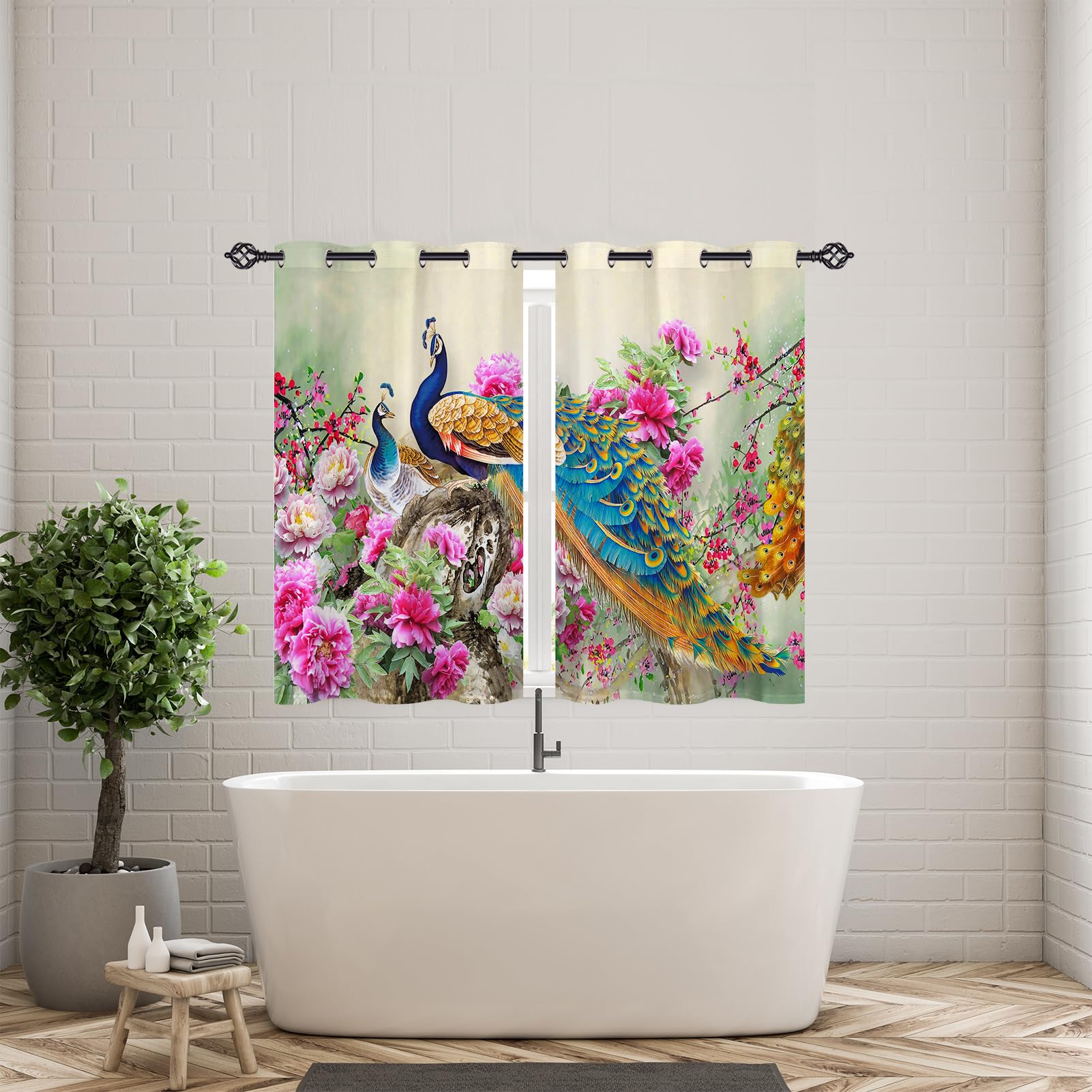 ANHOPE Peacock Curtains Eyelet Thermal Insulated Blackout Curtains Colorful Watercolor Peacock Flower Print Pattern Ring Top Drapes for Bedroom Living Room 46 x 54 Inch Drop 2 Panels - Image 3