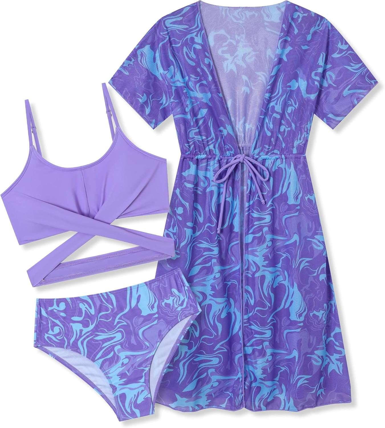 Girls 3 Piece Swimsuit Set with Cover Up | Tropical Print Bikini & Mesh Beach Dress for Teens Age 7-14 Years