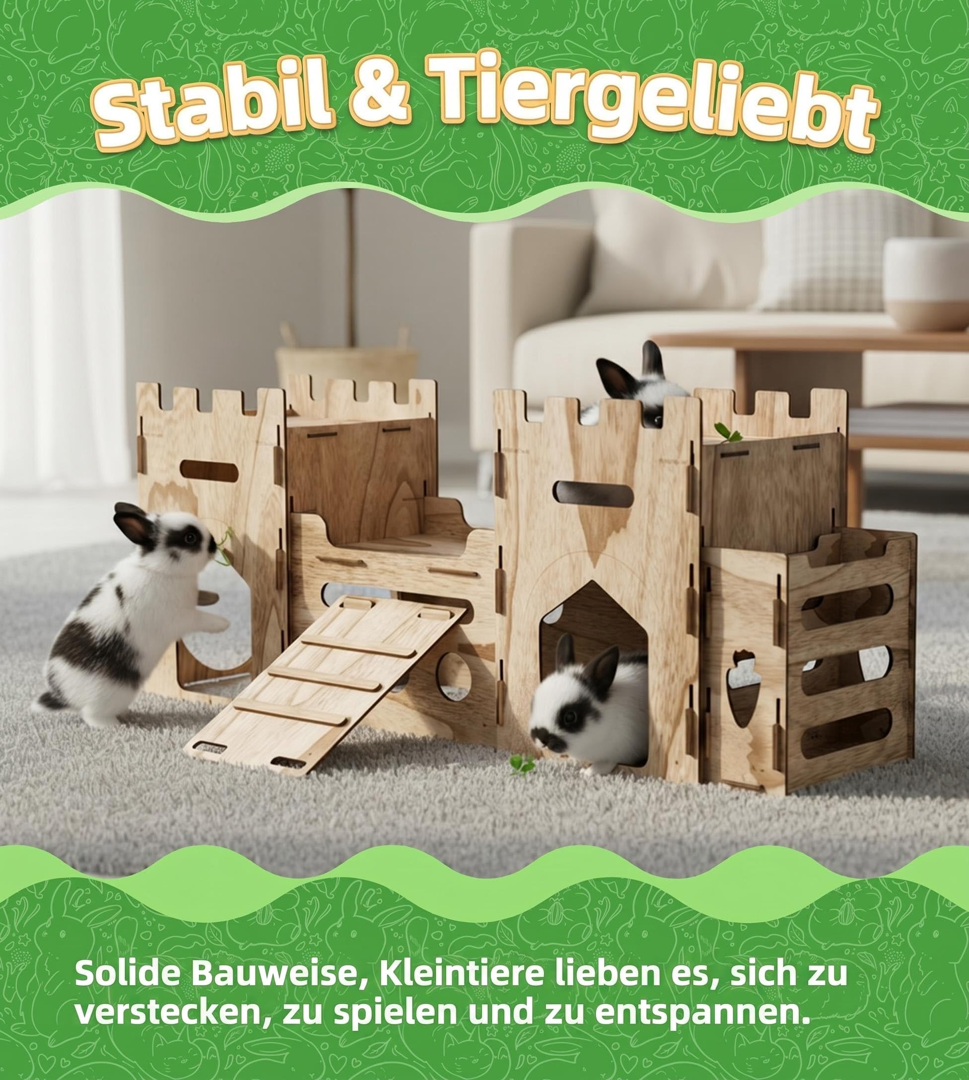 HIIMALEX Bunny Castle Spielhaus, mehrstöckiger Kletterturm mit Tunnelversteck für Kaninchen, belüftet, stabiles Anreicherungsspielzeug, Innenraum, mit Rampe (Walnußfarbe 1T)