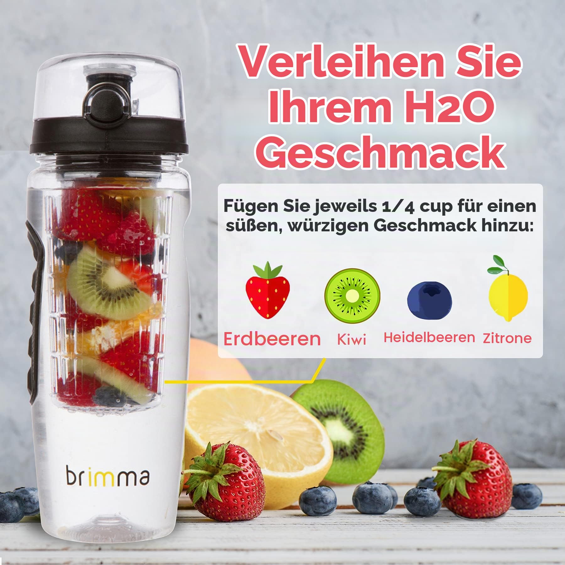 Brimma 1L Trinkflasche mit Früchtebehälter - Wasserflasche mit Fruchteinsatz - Auslaufsichere Sport Flasche - Sportflasche Water Bottle - Passt in Jede Sporttasche, Schultasche, Rucksack