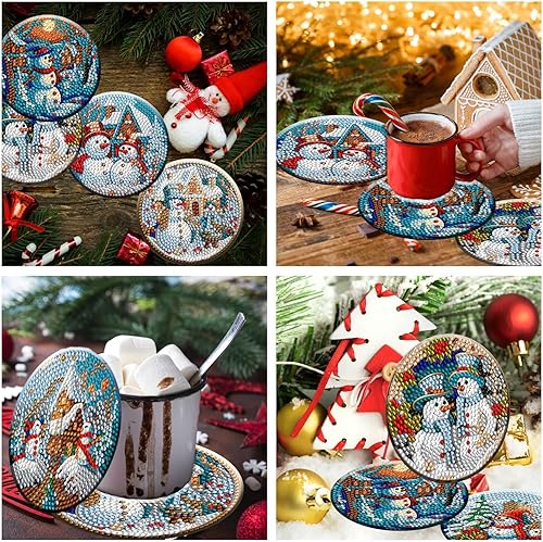 Miniatura 6 de 8 posavasos de pintura de diamante de muñeco de nieve de Navidad con soporte para bricolaje, lindo muñeco de nieve de Navidad, posavasos de