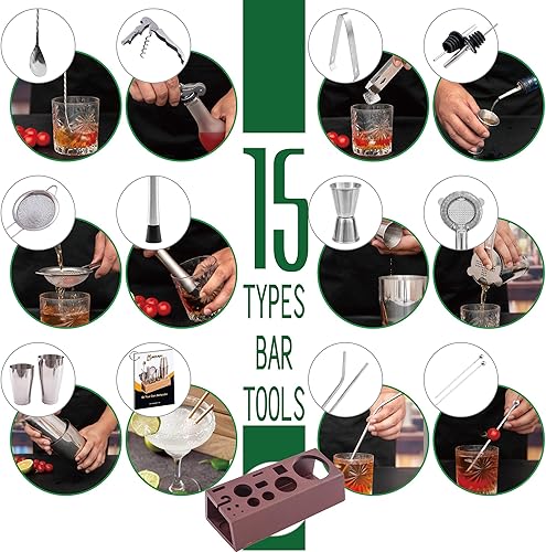 Miniatura 3 de JWJIUEJIU Juego de coctelera, 15 piezas Boston Shaker Barman Kit de Barman Kit de Barman de Acero Inoxidable, Kit de Barman Profesional Juego de