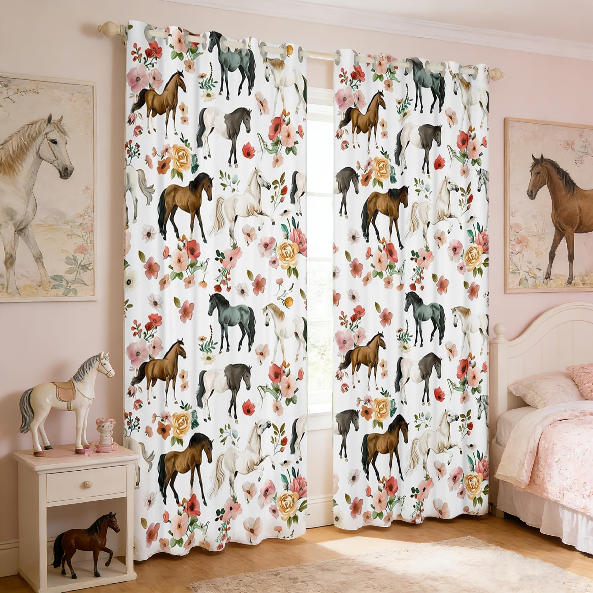 Rideaux occultants avec œillets - Motif chevaux - 137 x 117 cm - Pour enfants, garçons, filles, adolescents