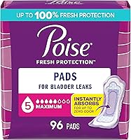 Poise Maximum Absorbency Incontinence Pads for Bladder Leaks & Postpartum - 5 Drop, Regular Length, 96 Count