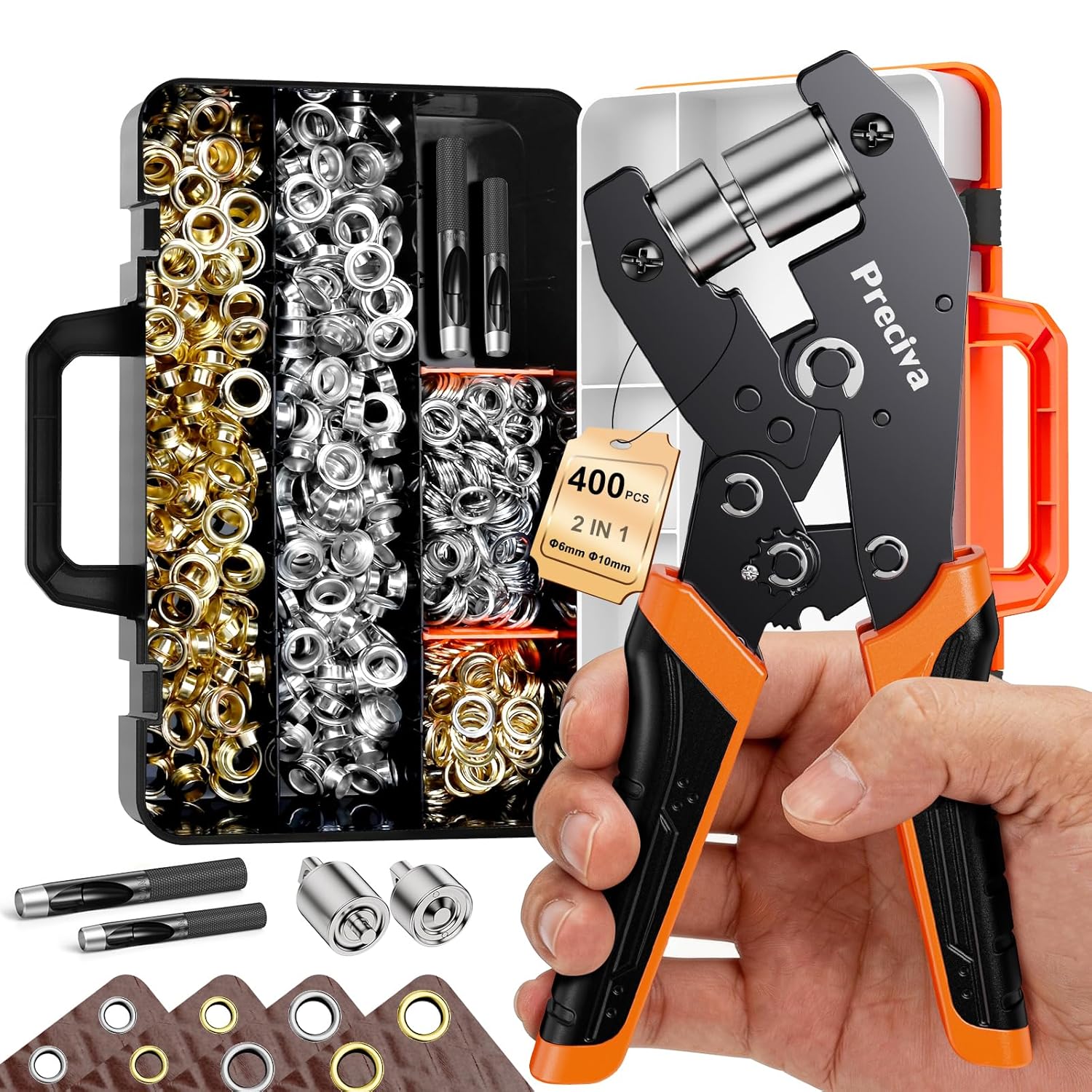 Grommets Tool Kit 1/4 & 3/8 inch Grommets and Carrying Case,Eyelet Punch Pliers Set, Eyelet Kit for Canvas, Leather, Tarps, Fabric, and DIY Repairs 200 PCS Each in Silver and Gold