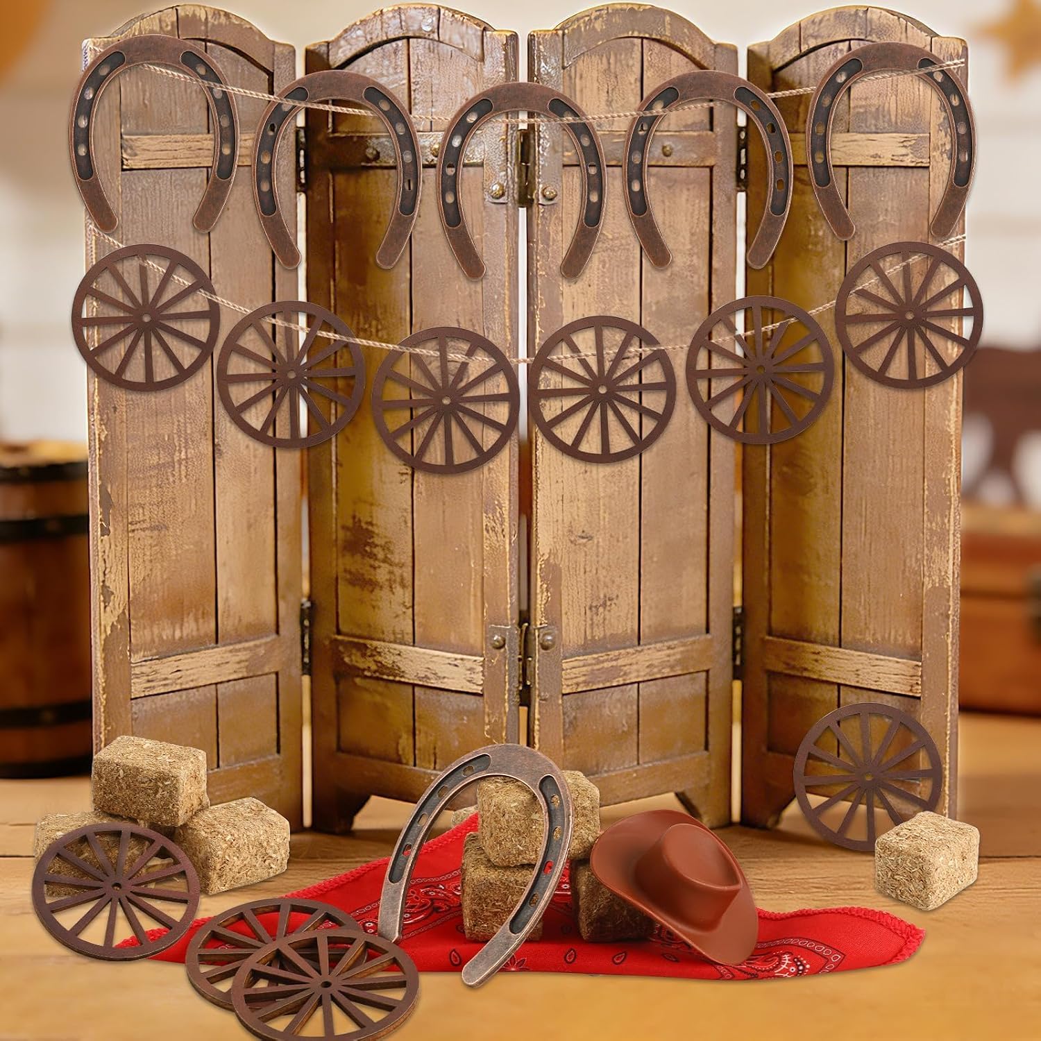 Jansun 42 Pcs Western Party Decorations Mini Hay Bale Cowboy Hats Horseshoes Bandanas Decoration for Crafts Rustic Table Centerpieces Wedding Birthday Party Cowboy Party Favors
