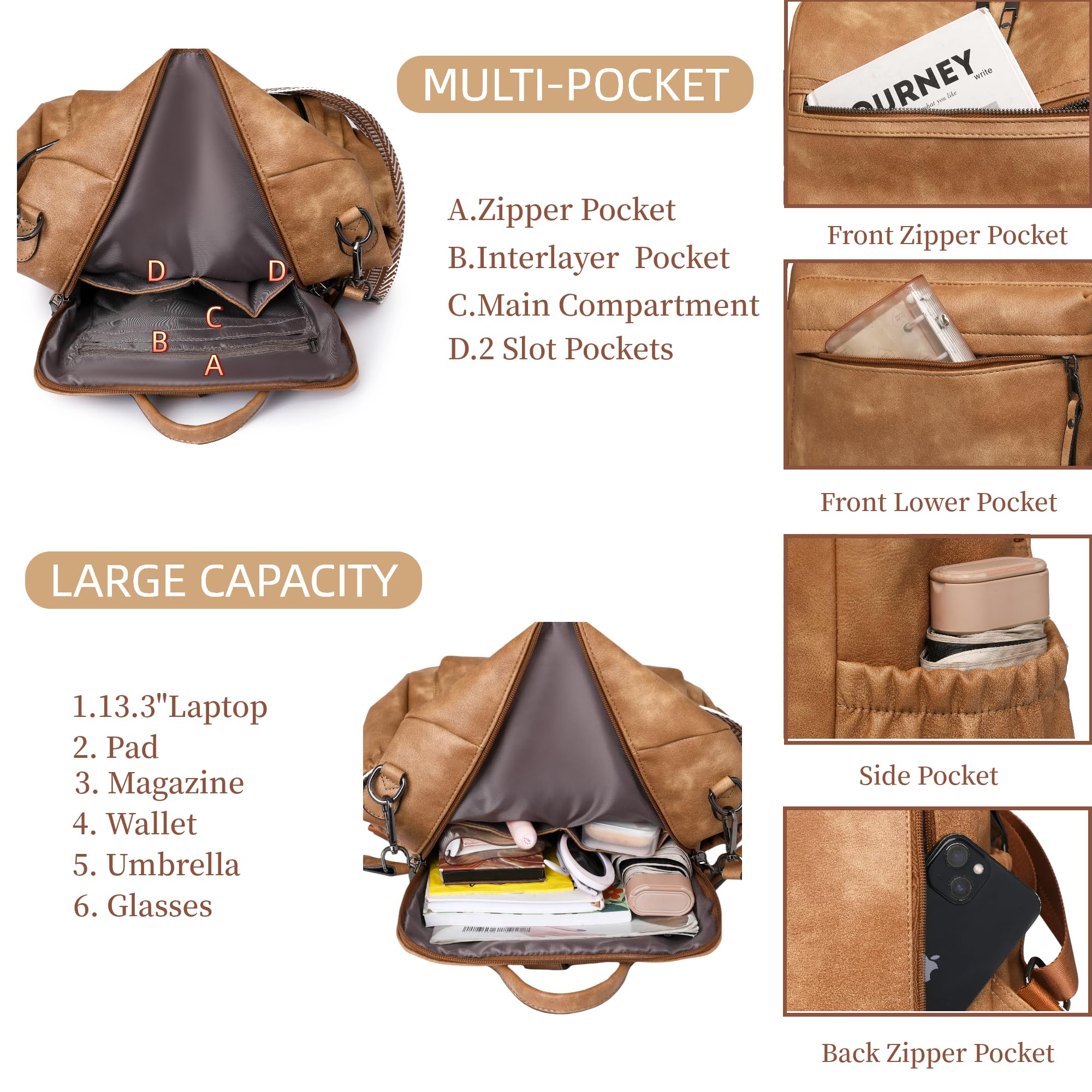 Borsa a tracolla da donna in pelle, da viaggio, Giallo-albicocca, Medium, Zaino da donna alla moda | Zaino alla moda, zaino multiuso per uso quotidiano a tracolla media per le donne