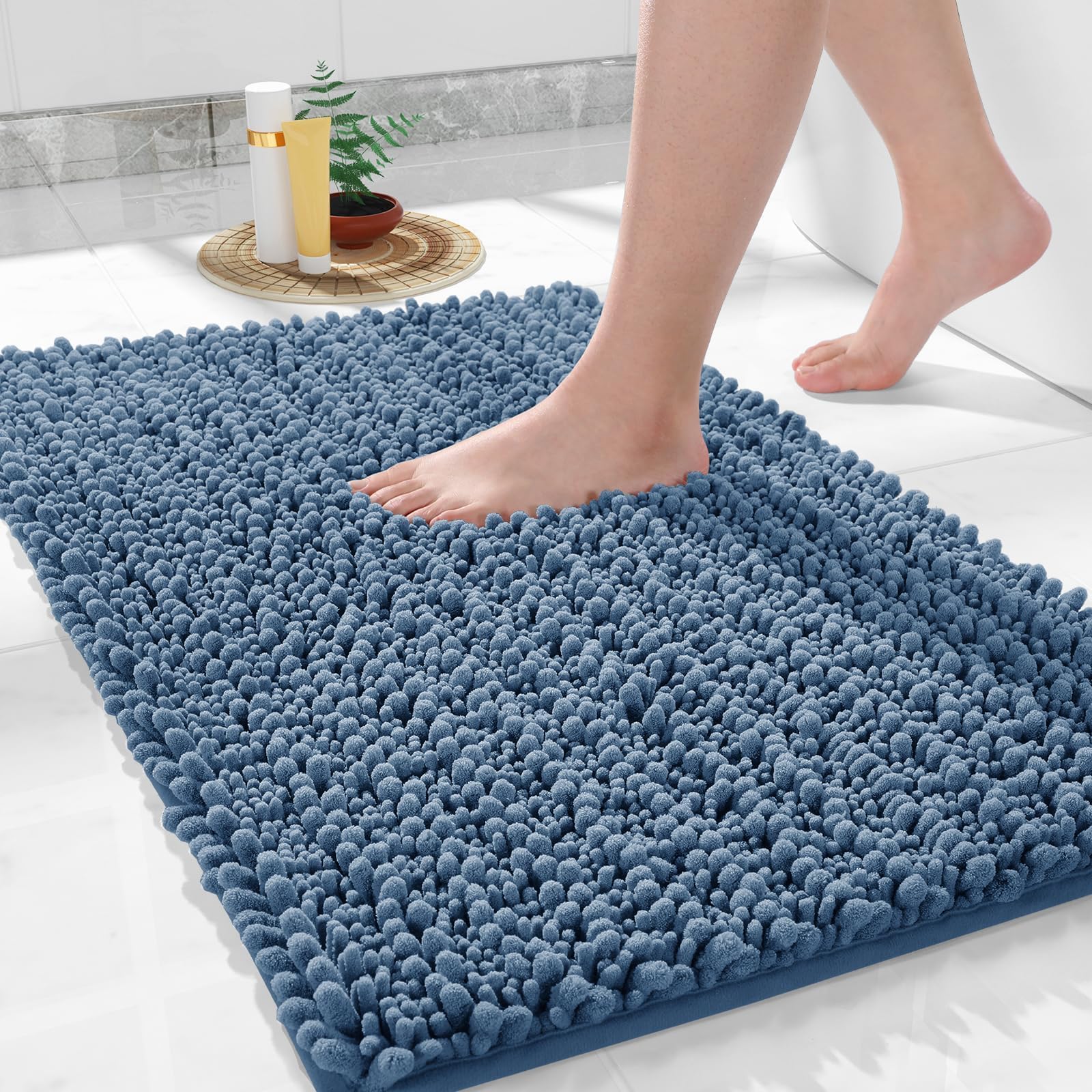 Chenille Shaggy Bathroom Rug Mat - Extra Soft Non Slip Absorbent Water Bath Rug, Quick Dry Machine Washable - Bath Mat for Bathroom Floor - 24 x 17 Inches, Rectangular, Denim Blue
