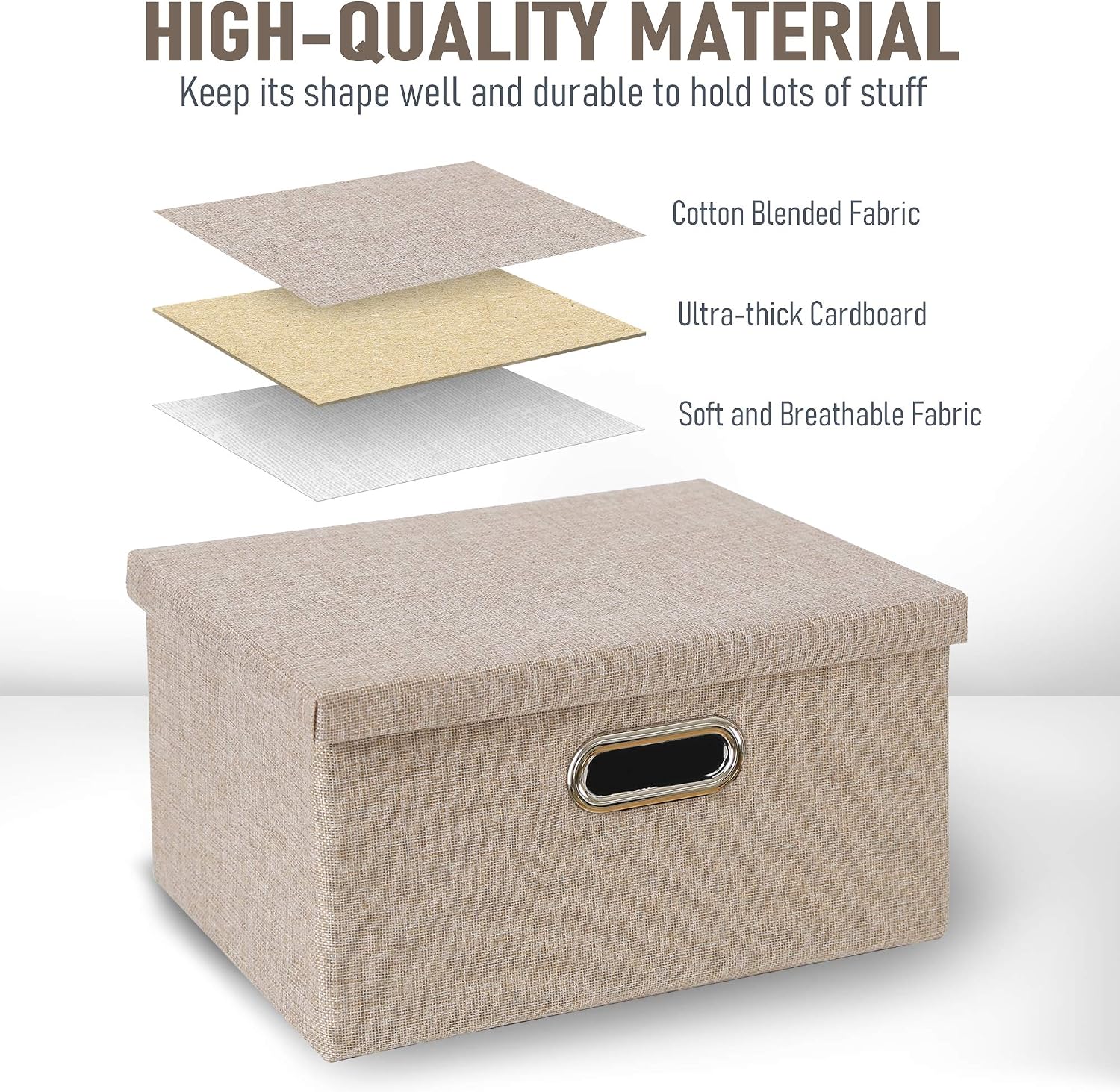 Enzk&Unity Foldable Lidded Storage Bins Linen Fabric Storage Basket with Handle Organizer Box Containers for Shelf Home Office Closet Nursery, 2 Pack, Beige