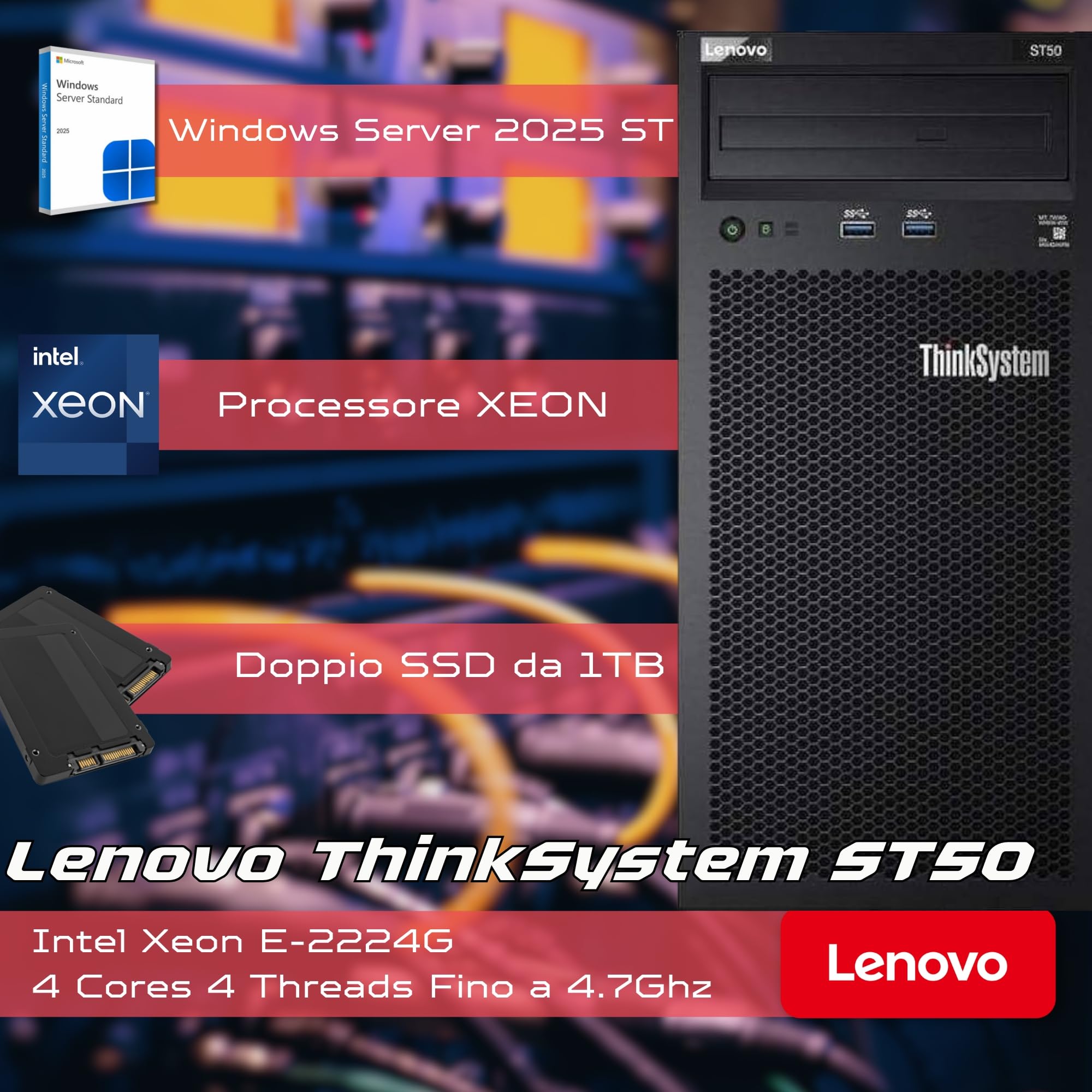 Lenovo Server ThinkSystem ST50 - CPU Intel Xeon E-2224G, 32 GB di RAM ECC, 2 SSD da 1 TB, Win Server 2025 Standard (ricondizionato)