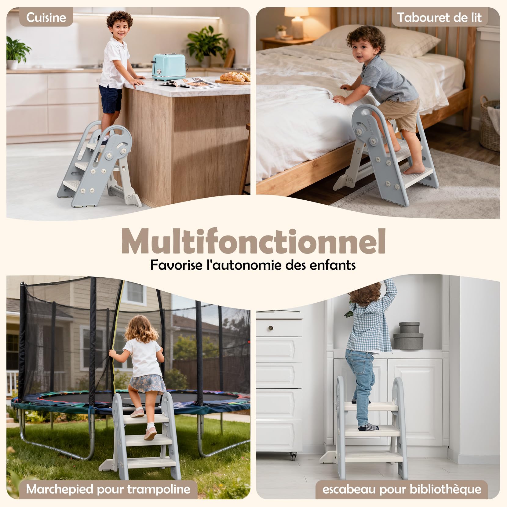 Onasti Marche Pied Enfant, Tabouret 3 Marches pour Bébé, Marche Pied à Hauteur réglable, Pliable, Multifonction et Antidérapant Parfait, pour Cusine, Salle de Bain,Chambre à Coucher (Gris)
