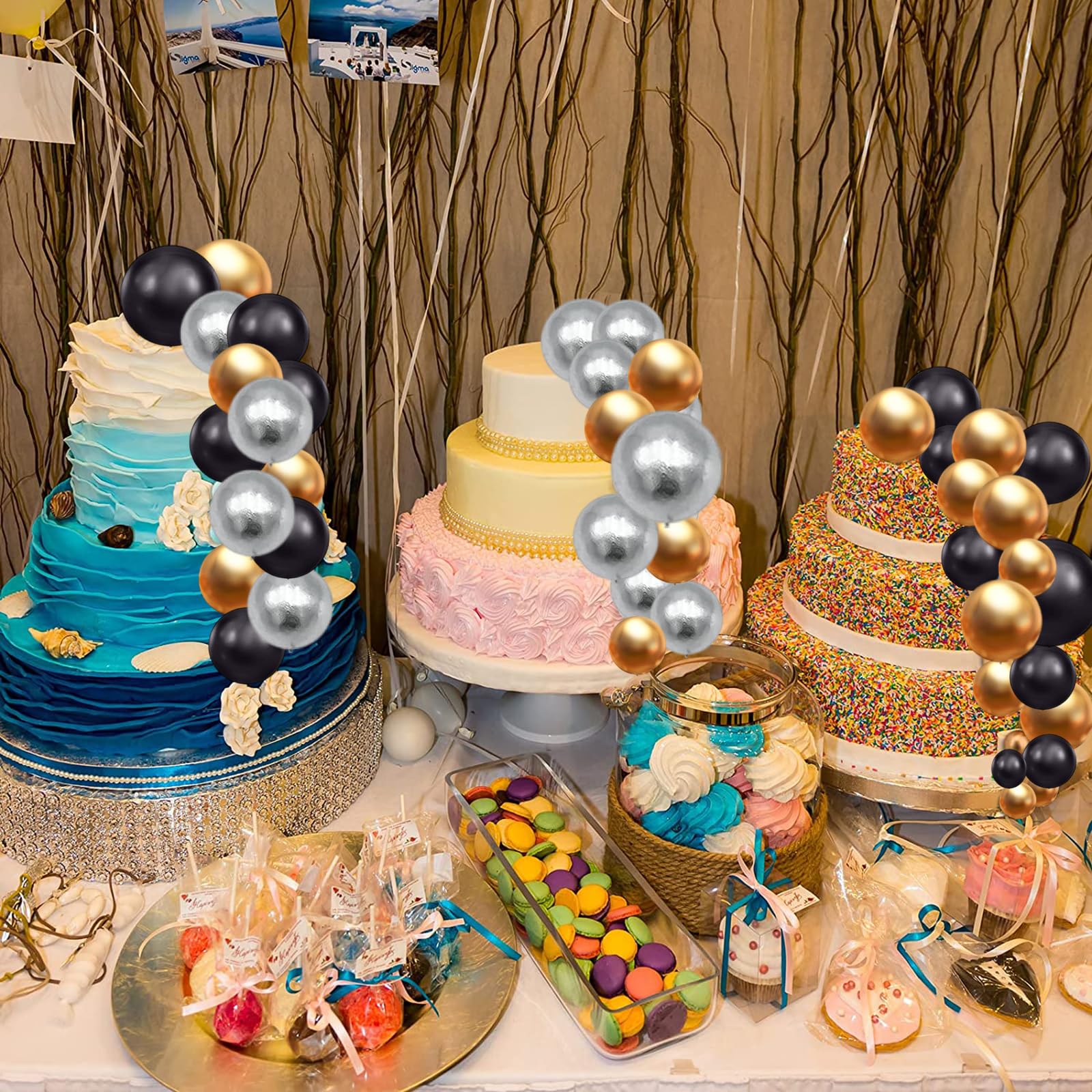Graduation Cap Cake Topper Set With Flowers & Gold Balls – Blue, For Graduation, Wedding, Birthday Party Decor - View #4