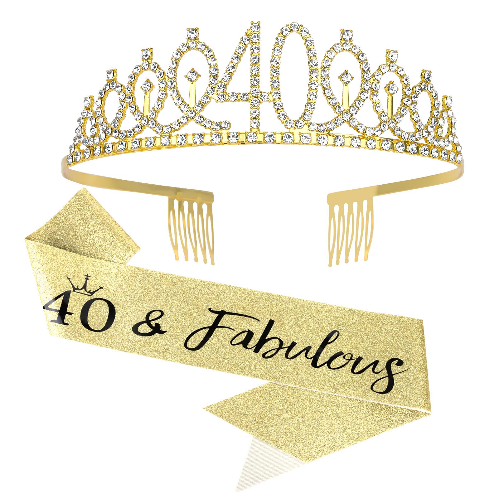 Oblihumoy 40th Gold Birthday Sash & Rhinestone Tiara Set
