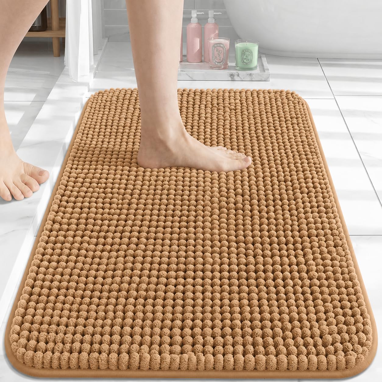 AMEHA Bath Mat Non Slip Anti Mould Beige 60 x 90 cm Chenille Bathroom Mat Soft & Fluffy Bath mats Super Water Absorption & Machine Washable Shower Mat — image 1