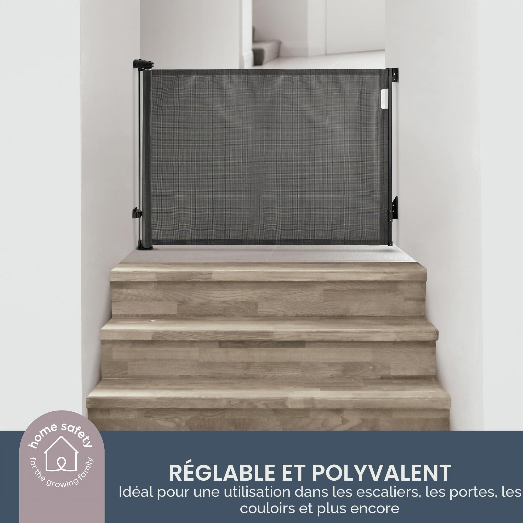Dreambaby Barrière de sécurité escamotable pour bébé et Chien, barrière de sécurité en Maille Extra Large pour bébé jusqu'à 140 cm, Hauteur 90 cm, 2 indicateurs de Verrouillage EZY-Check, Montage sur