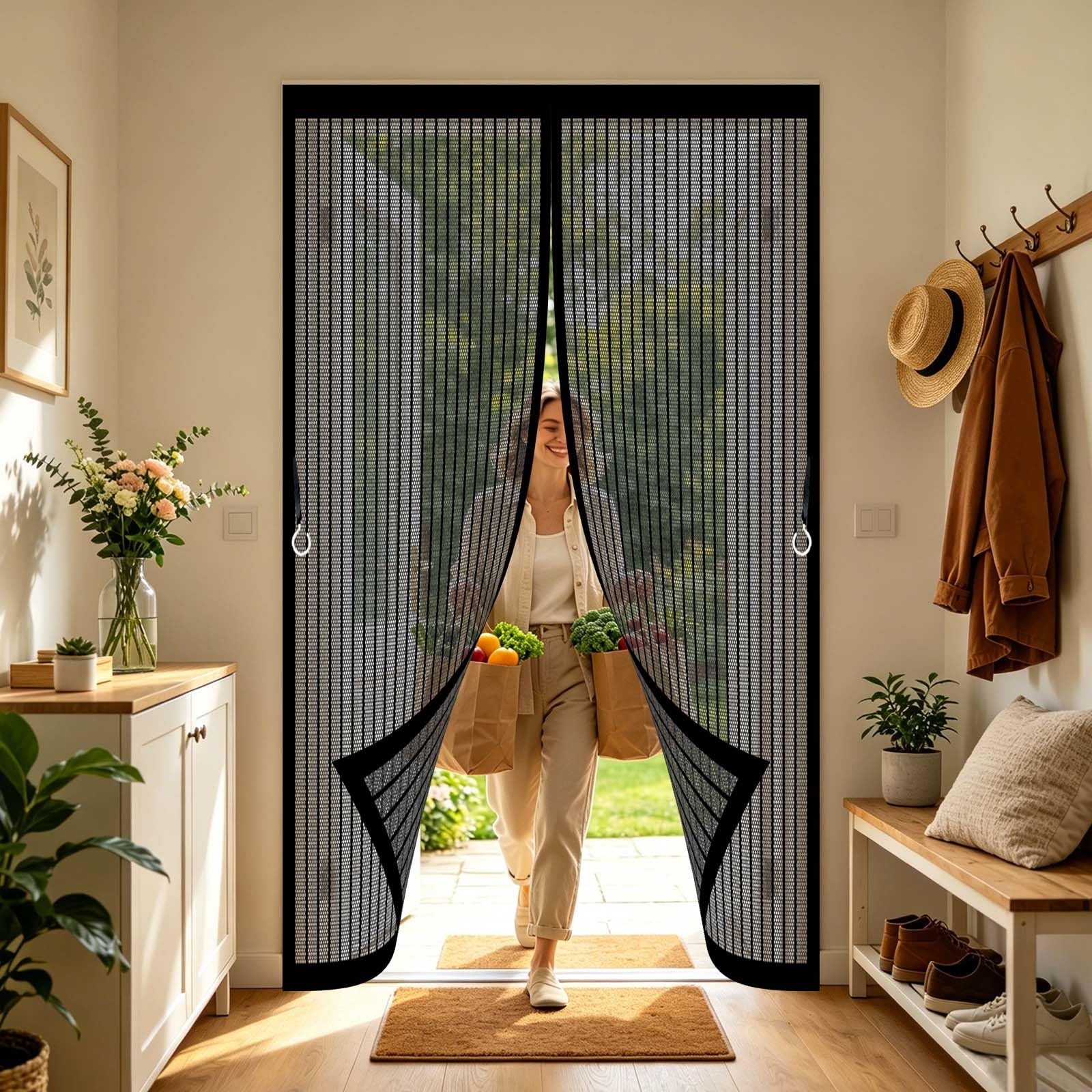 Magnetic Screen Door 83 x 201 cm with Powerful Magnets and Full Frame Magic Tape, Hands Free Closing Door Fly Screen Mesh Insect for Bedroom, Sliding, Black