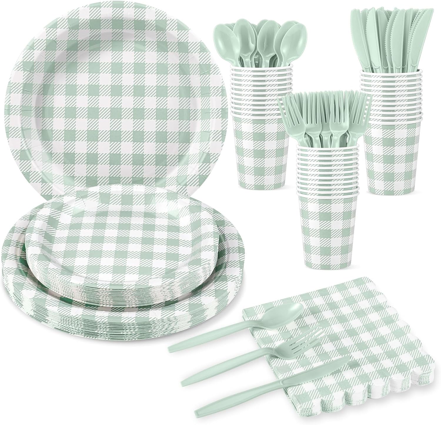 NatNarr Sage Green Gingham Party Supplies Set, 175 Pcs, Serves 25