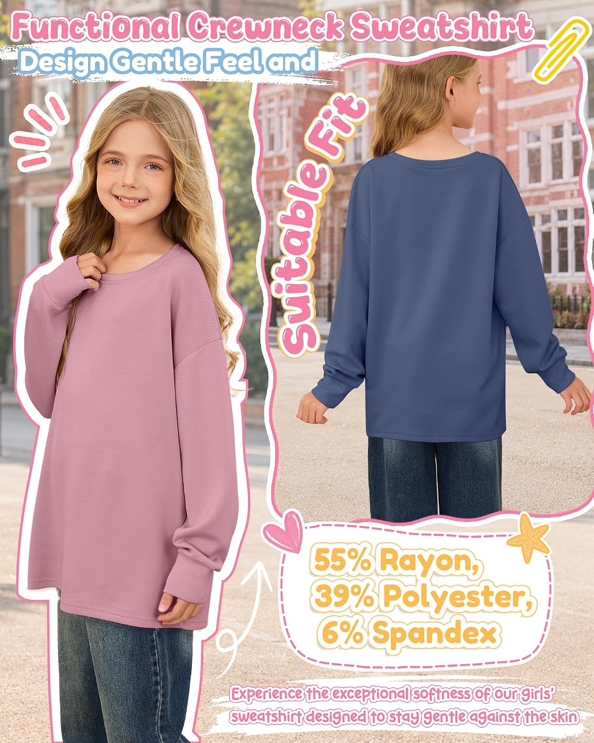 2 Pack Girls Long Sleeve Sweatshirts Oversized Tops 2Color 11-12Y