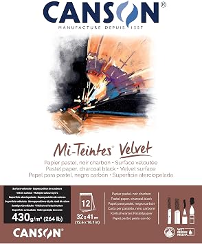 Canson Mi-Teintes Velvet Drawing Paper Pad, Charcoal Black, Glue Binding, 260lb/430g, 12 Sheet, 12.6x16.1 inch, 1 Count