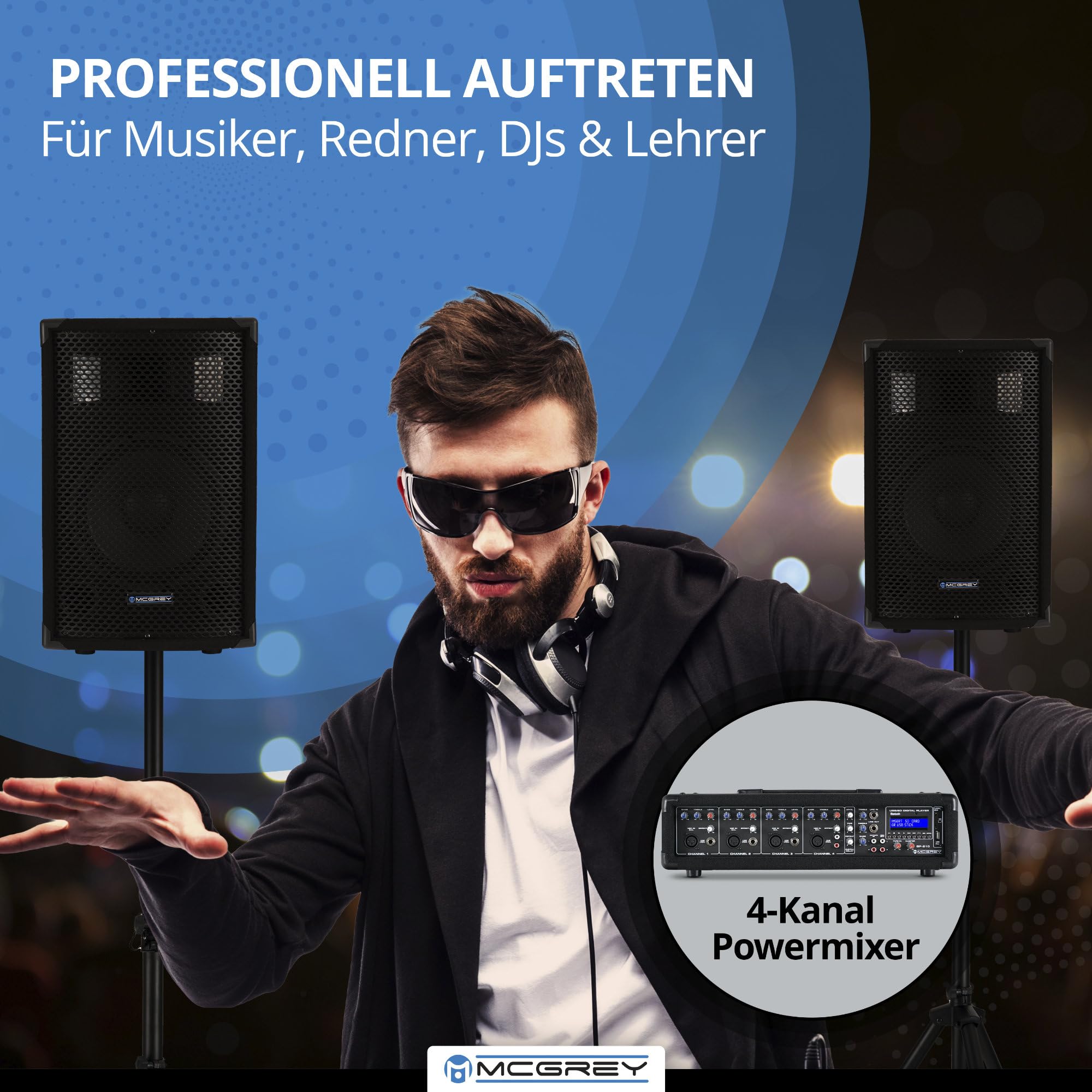 McGrey BP-210 Bandpack PA-Anlage 4-Kanal Powermixer Bluetooth 2-Wege-Lautsprecher 10" Woofer Horn 100 Watt