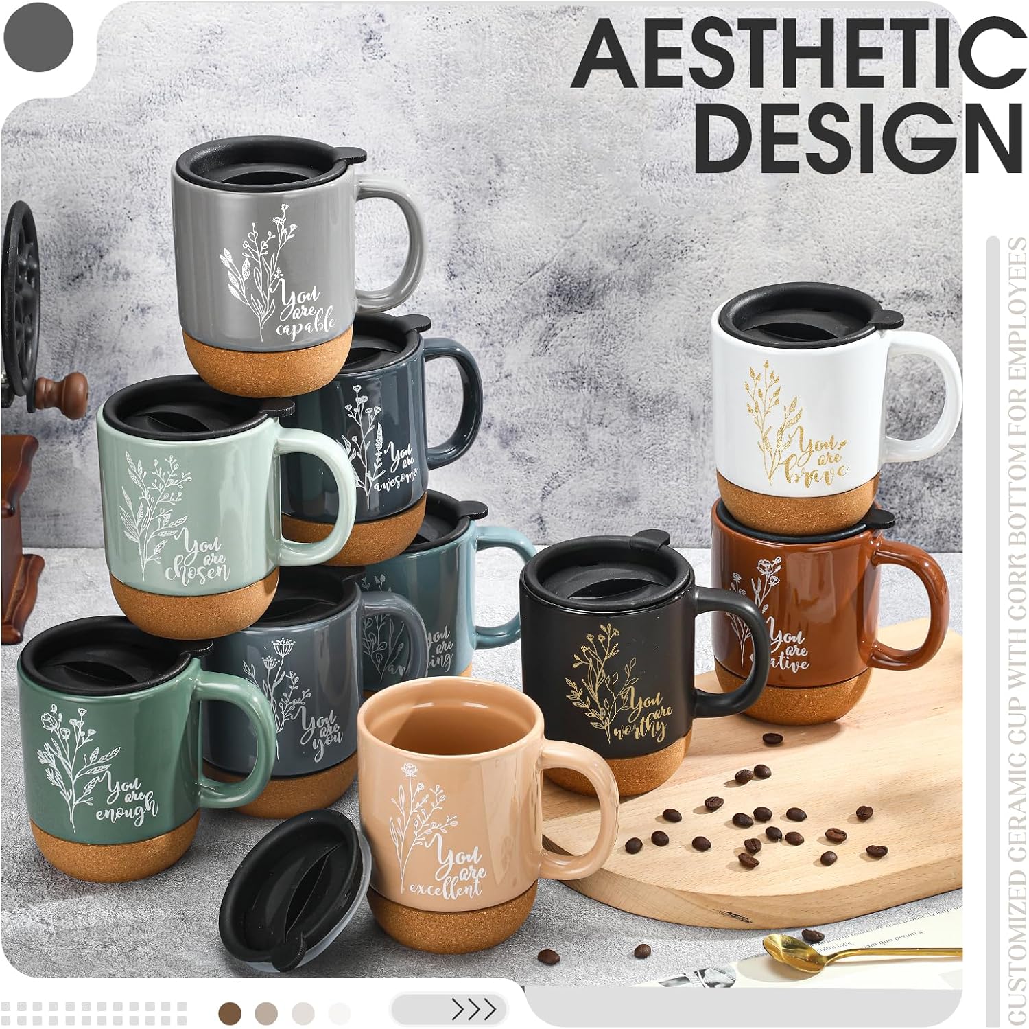 Geiserailie 10 Pcs Appreciation Gifts for Employee Bulk 13.5 oz Ceramic Coffee Mug with Lid Cork Bottom Inspirational Thank You Gift for Teacher Staff Coworker Volunteer Nurse(You Are) - Image 4