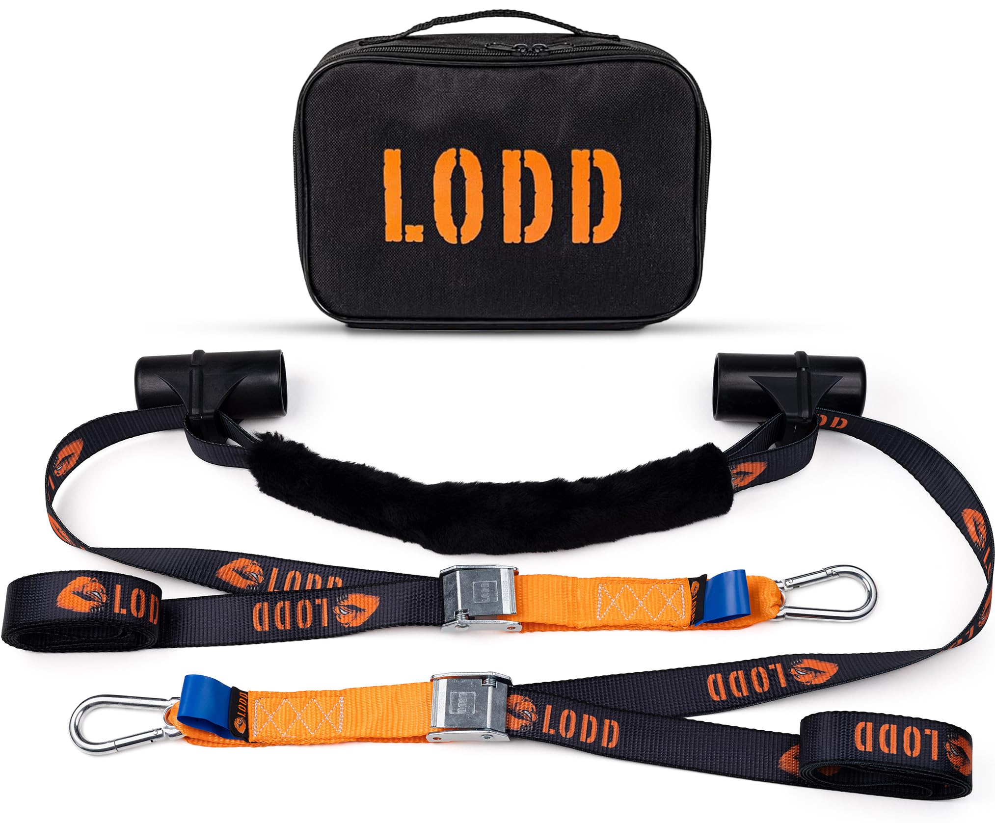 LODD – Sangles Moto, Arrimage au Guidon avec Manchons Composites Renforcés, Boucles Renforcées, 38 mm, Résistance 1100 kg, Mousquetons Acier, Remorque, Motos routières & Sportives – Valise Incluse