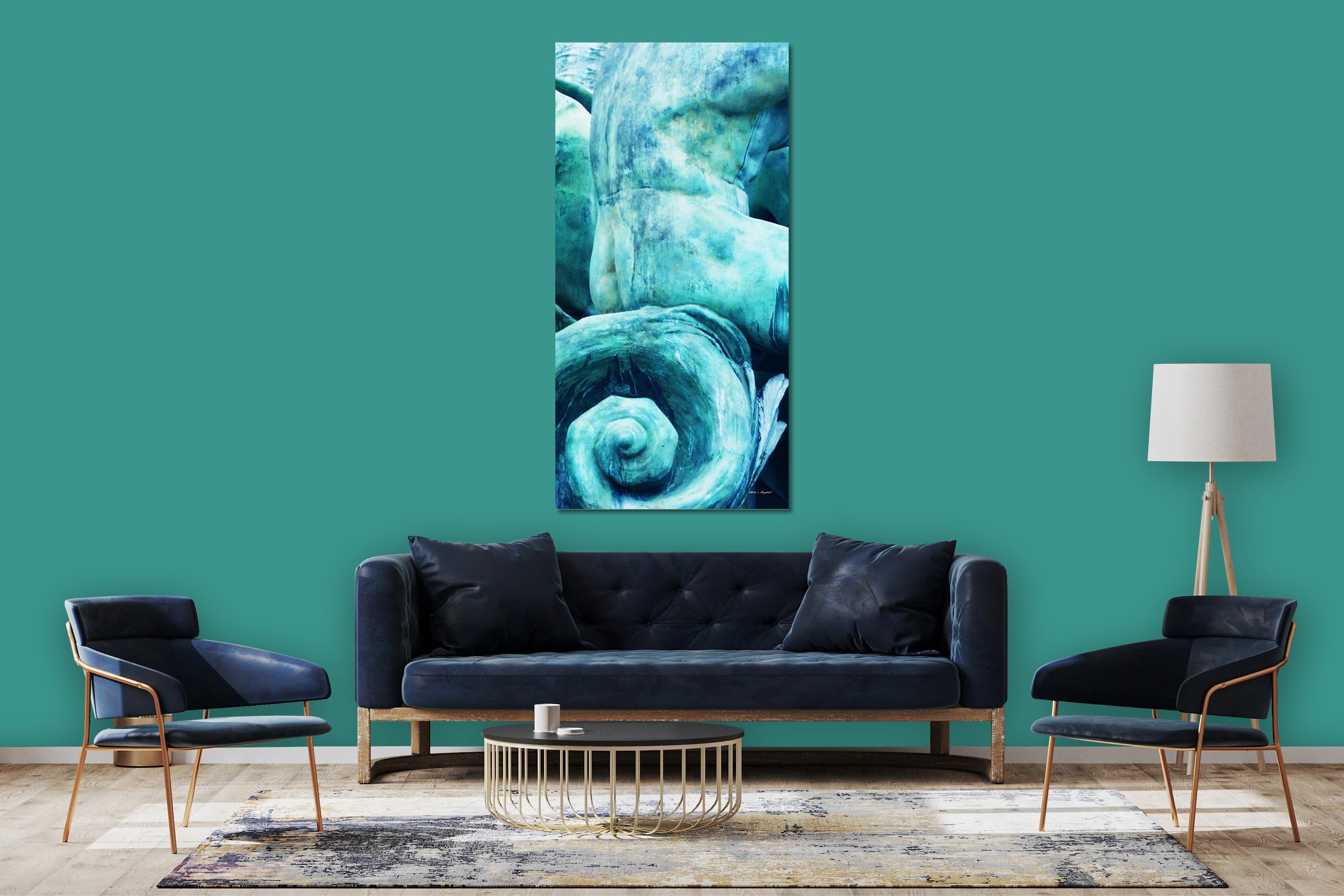 Glücksvilla - Der schöne Mann (Leinwand-Bild 2 cm, 100 x 200 cm) | div. Maße - aus DE - Kunstdruck Deko Wandbild quer - Statue Körper Brunnen Bronze Figur Kunst