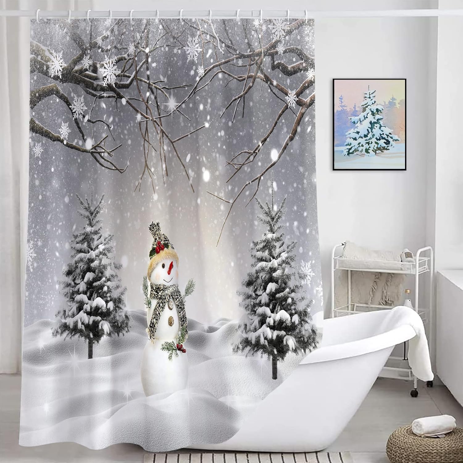 Jbralid Winter Christmas Snowman Shower Curtains Snow Scene Pine Tree Waterproof Bath Curtain for Bathroom Xmas Holiday Bathroom Shower Curtain Set with Hooks 72x72 Inch