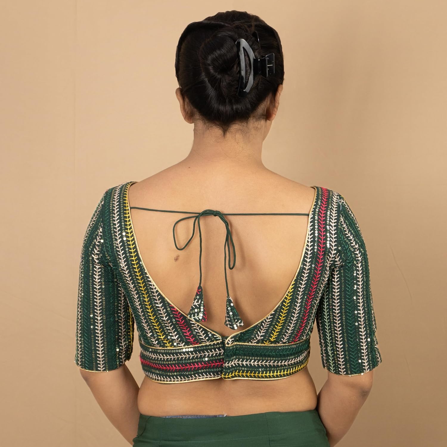 FIGURE'S DESIGNER Women's Embroidered V Neck Elbow Half Sleeve Readymade Saree Blouse E3 - Image 5