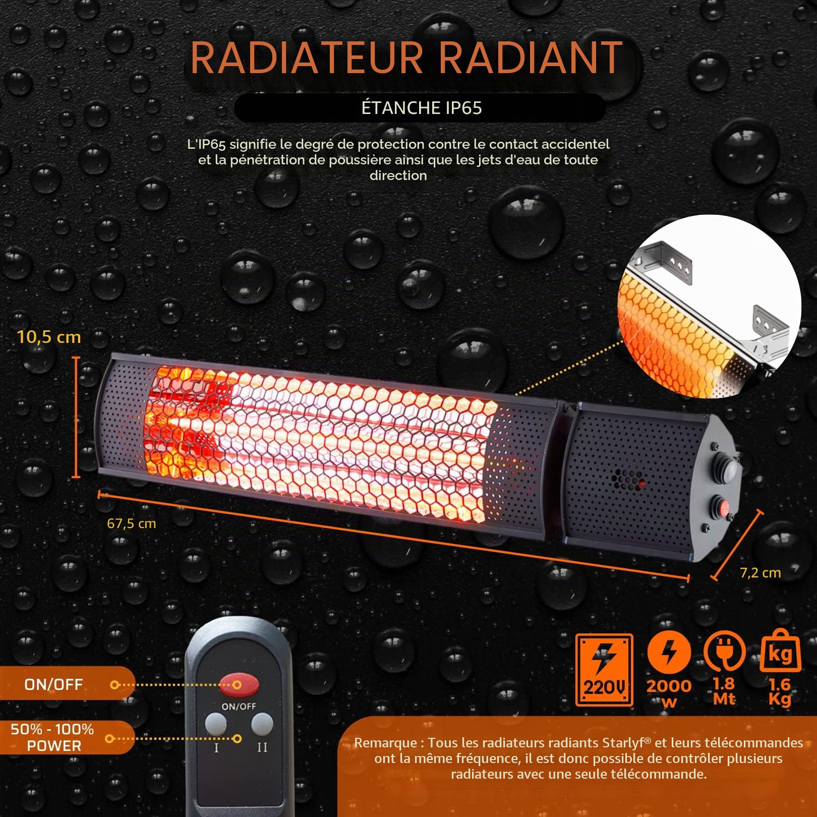 STARLYF Radiant Heater Chauffage Infrarouge 2000W | Radiateur Électrique Extérieur IP65 avec Télécommande | Chaleur Instantanée, 2 Niveaux de Puissance, Économie d’Énergie et Résistance