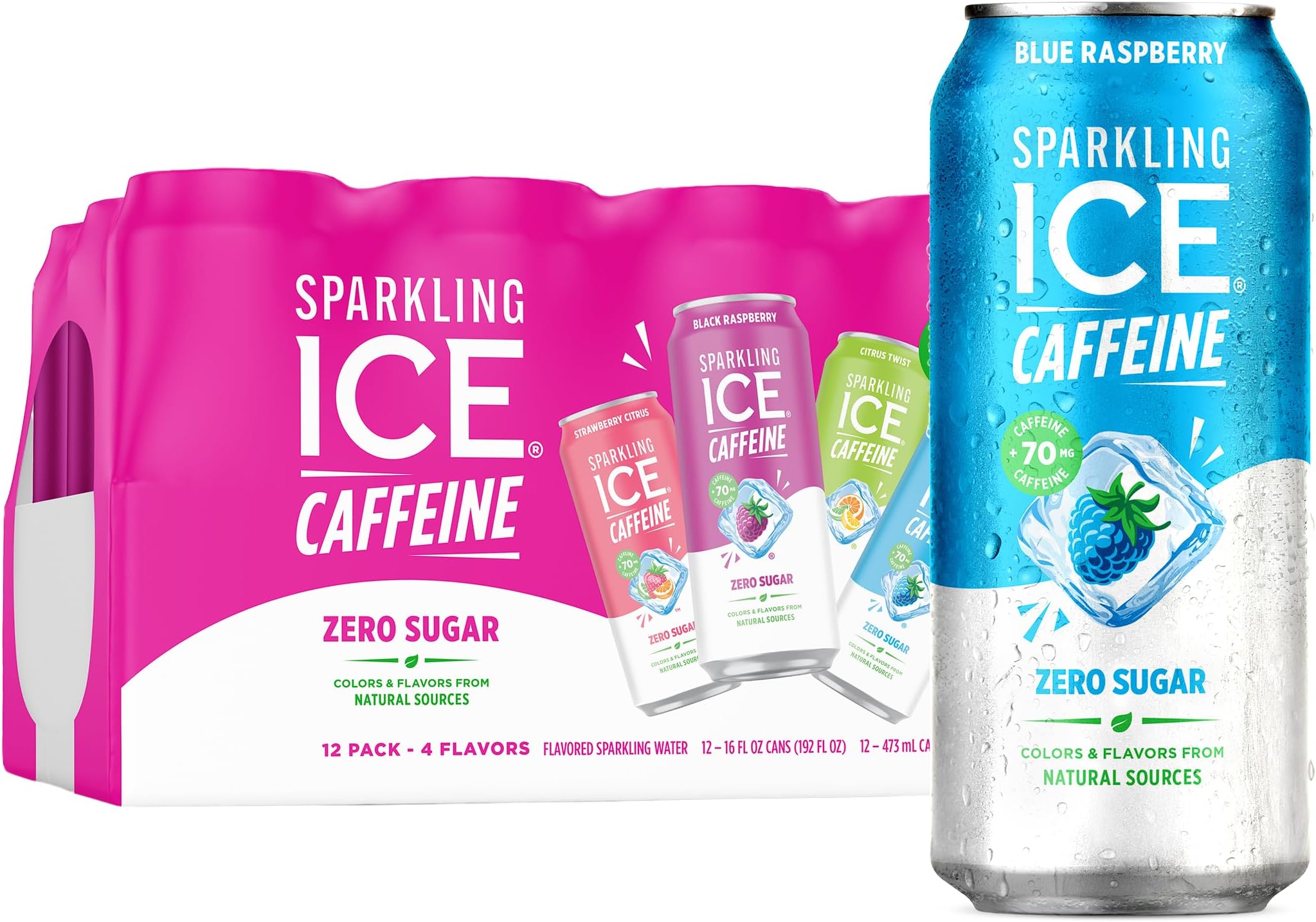 Sparkling Ice +Caffeine Variety Pack-Black Raspberry/Blue Raspberry/Strawberry Citrus/Citrus Twist 12 16oz Can