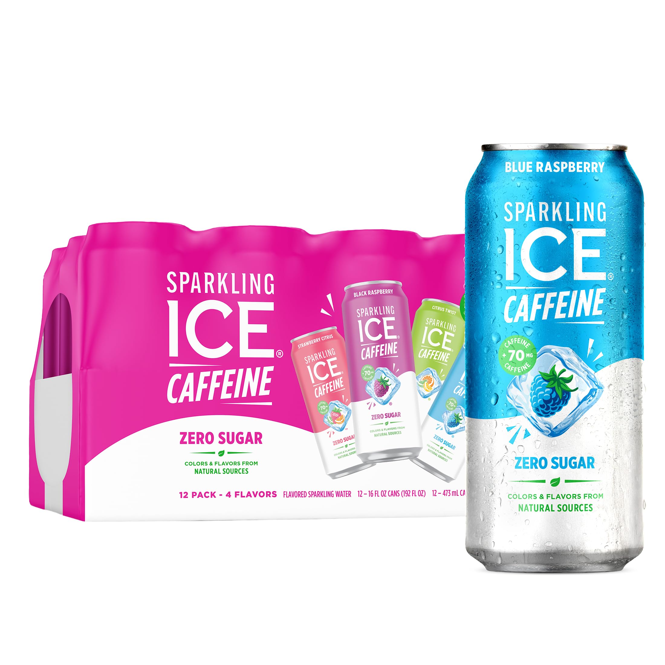 Caffeine Variety Pack, Flavored Sparkling Water, Zero Sugar, with Vitamins and Antioxidants, 16 fl oz, 12 count (Citrus Twist, Black Raspberry, Blue Raspberry, Strawberry Citrus)