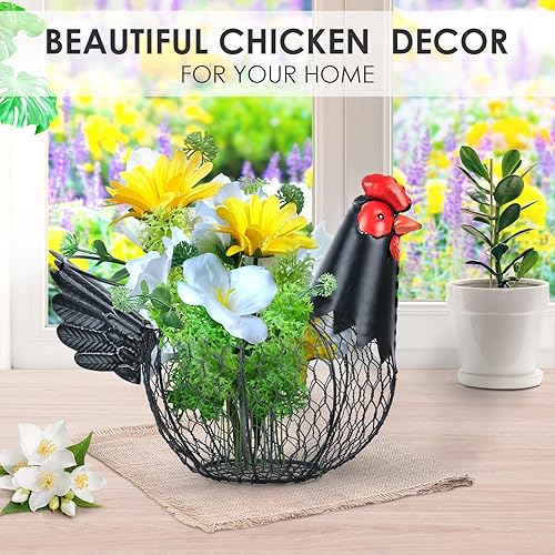 Miniatura 4 de Cesta de huevos de gallina, cestas de recolección de huevos, cesta de huevos de alambre de metal con asa, decoración de pollo de granja, gallo negro
