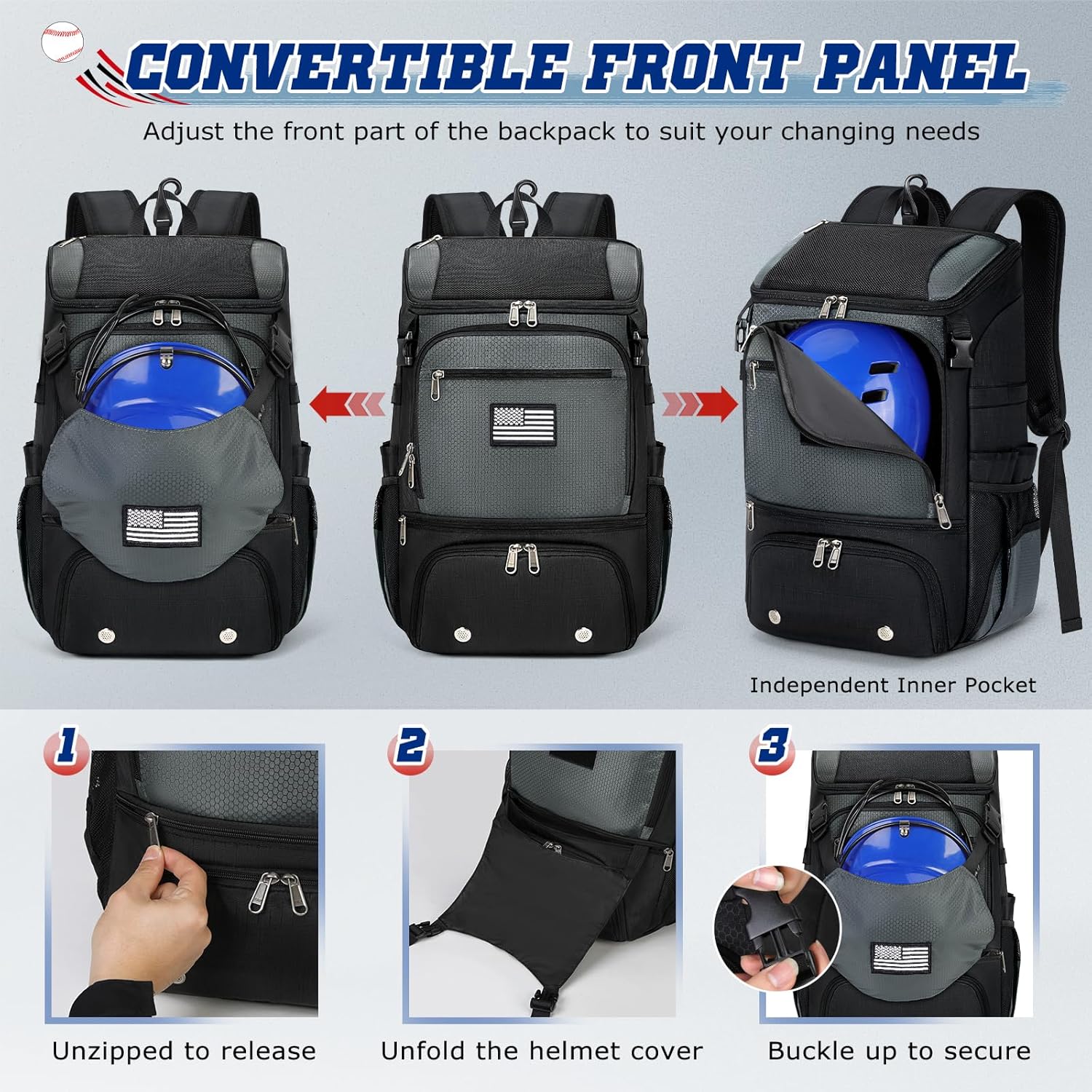 RAINSMORE Baseball Backpack, Lightweight Softball Bag with Shoe Compartment Baseball Bag for Youth & Adult Softball Bat Bag with Fence Hook Helmet Holder Sports Backpack for T-Ball