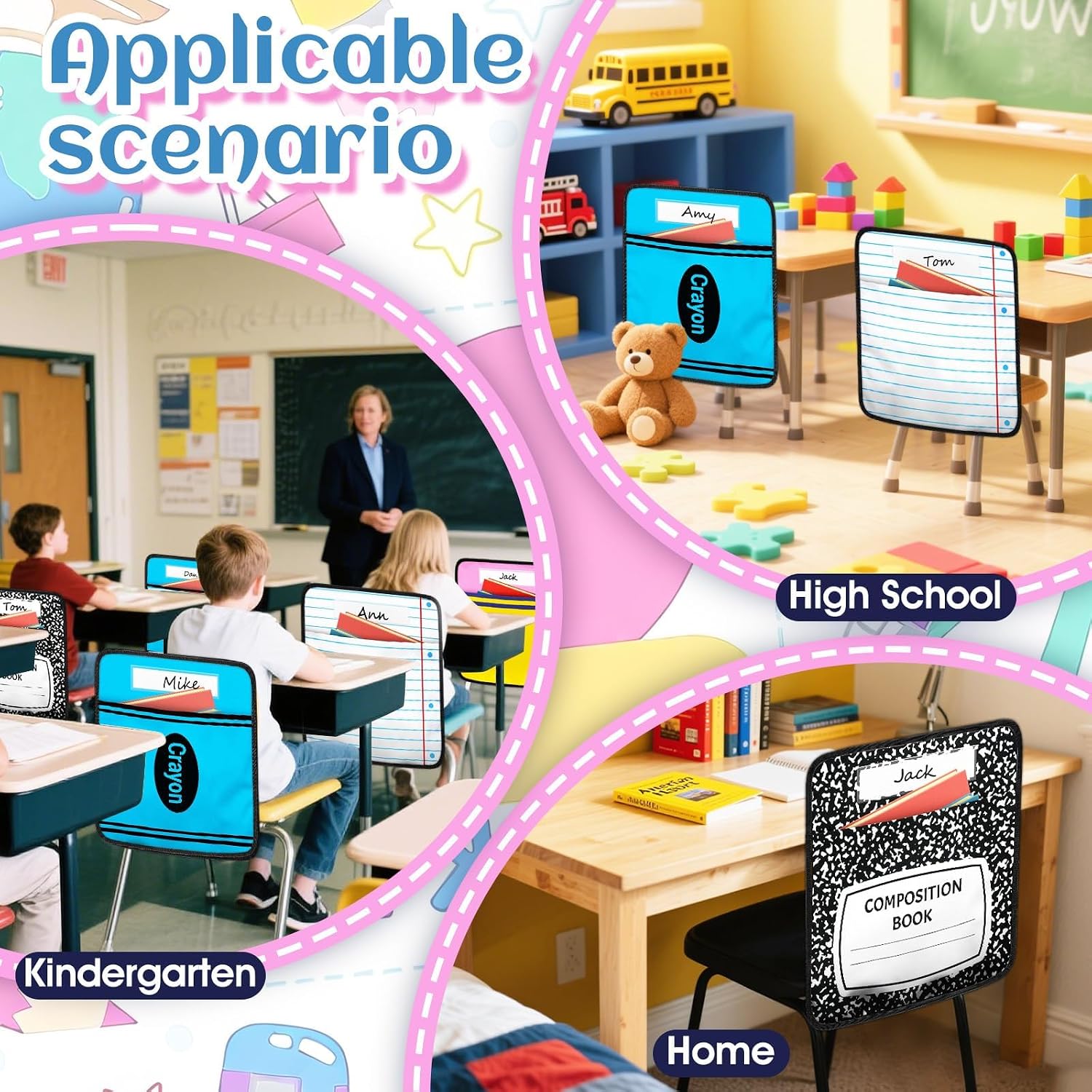 24Pcs 17 * 19 Inch Chair Pockets, Seat Sacks Student Chair Bag Organizer for Classroom, School Storage Seat Back Hanging Bag with a Name Tag Multi Pocket for Kindergarten Primary Schools Pre-School