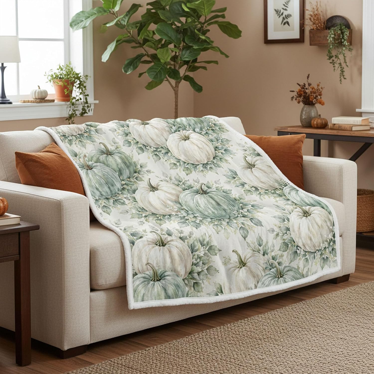 Fall Pumpkin Throw Blanket, Sage Green Eucalyptus Leaves Rustic Boho Autumn Thanksgiving Harvest Decorative Farmhouse Blanket, Fall Soft Blankets Gifts for Adults Kids Bed Couch Sofa 50x60in