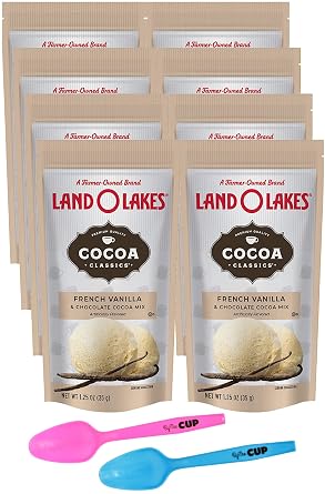 مزيج من الكاكاو الساخن من Land O Lakes French Vanilla & Chocolate ، 1.25 Ounce Packets Pack of 8 with 2 By The Cup Mood Spoons